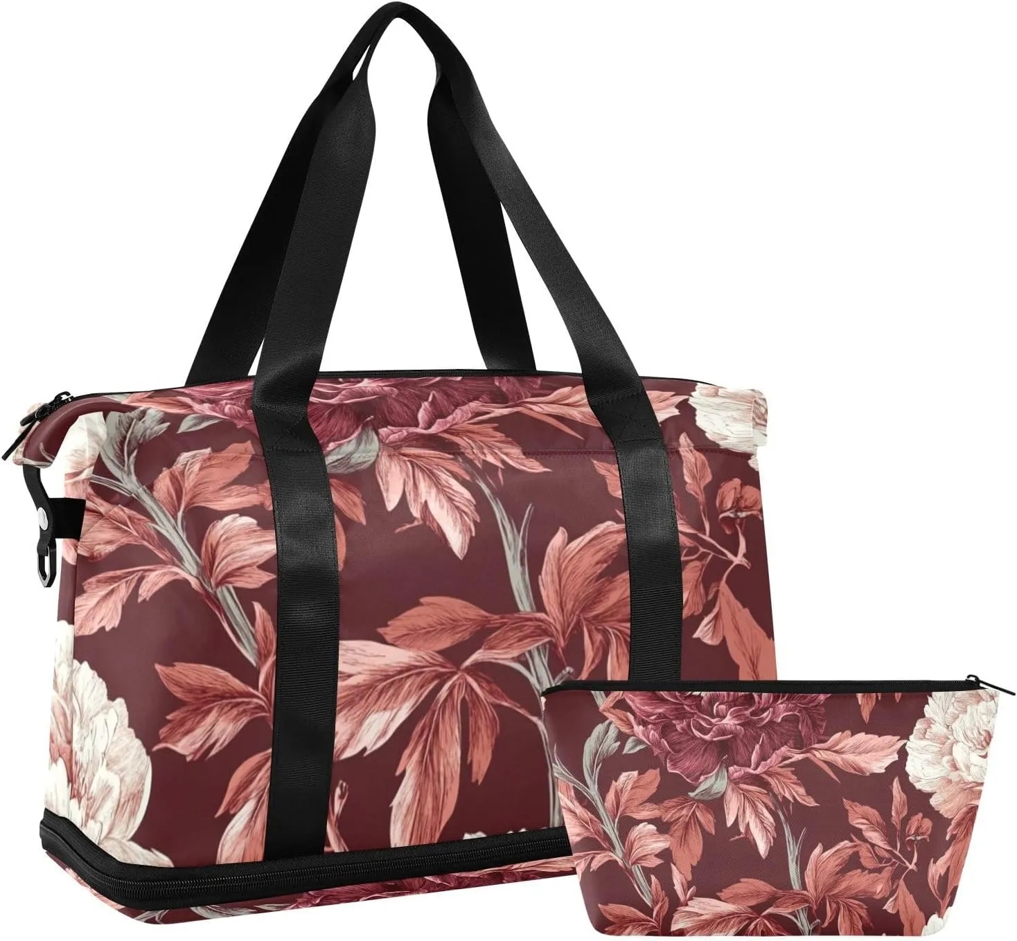 Reddish-brown Vintage Flowers Large Travel Duffel Luggage Carry On Tote Bag with Adjustable Strap for Trekking Foldable