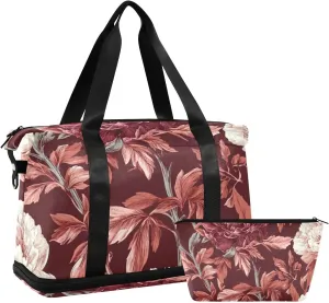 Reddish-brown Vintage Flowers Large Travel Duffel Luggage Carry On Tote Bag with Adjustable Strap for Trekking Foldable