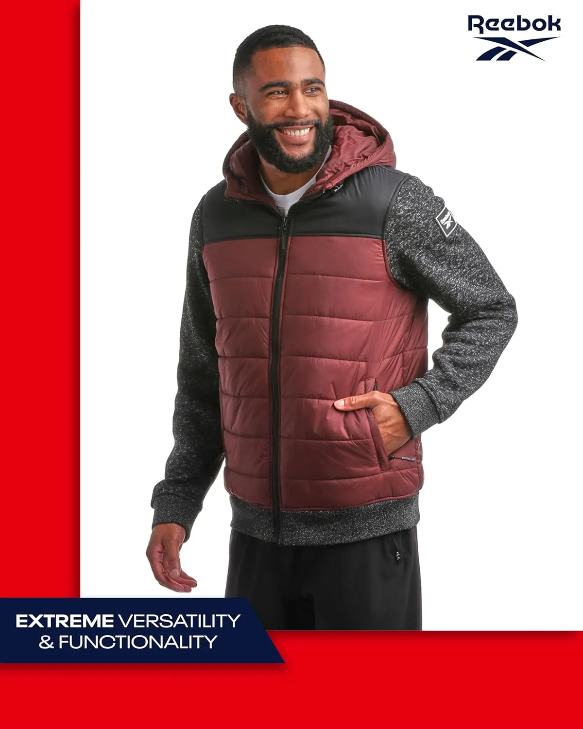 Reebok Men's Jacket - Warm Insulated Quilted Puffer Jacket with Sweater Fleece Sleeves - Hooded Outdoor Jacket for Men (M-XL)