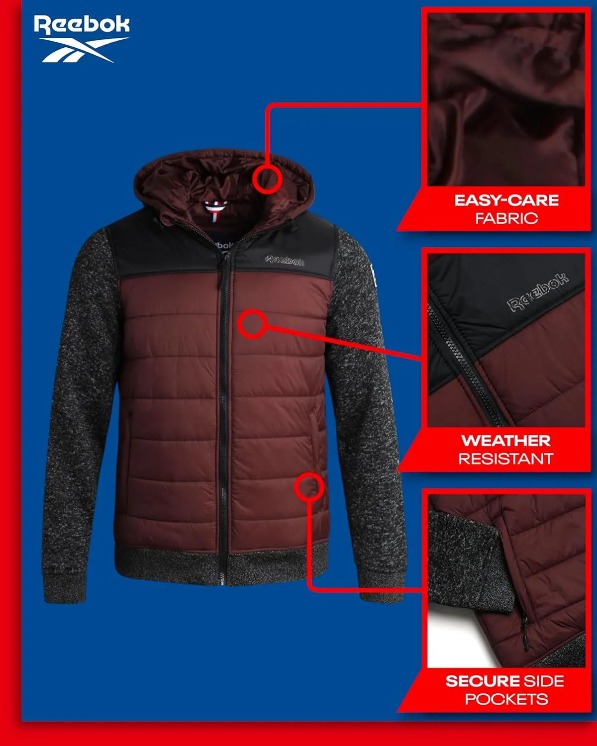 Reebok Men's Jacket - Warm Insulated Quilted Puffer Jacket with Sweater Fleece Sleeves - Hooded Outdoor Jacket for Men (M-XL)