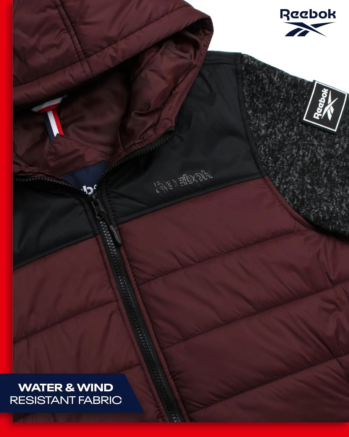 Reebok Men's Jacket - Warm Insulated Quilted Puffer Jacket with Sweater Fleece Sleeves - Hooded Outdoor Jacket for Men (M-XL)