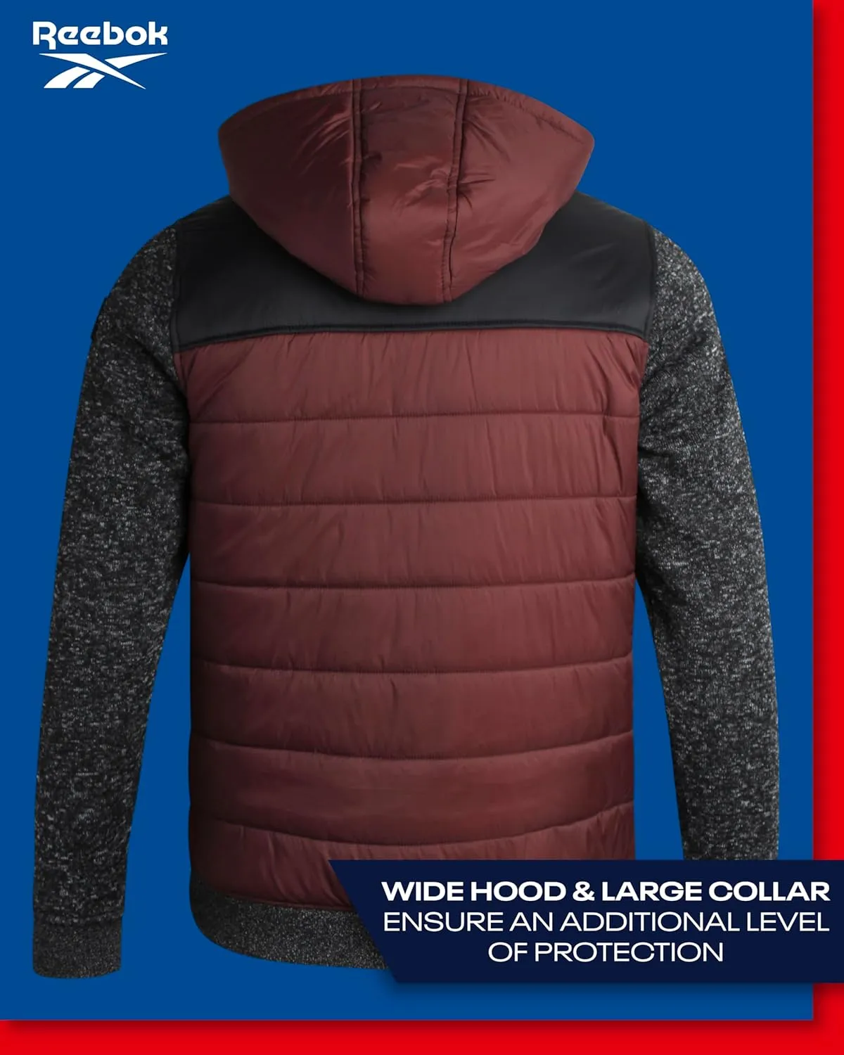 Reebok Men's Jacket - Warm Insulated Quilted Puffer Jacket with Sweater Fleece Sleeves - Hooded Outdoor Jacket for Men (M-XL)