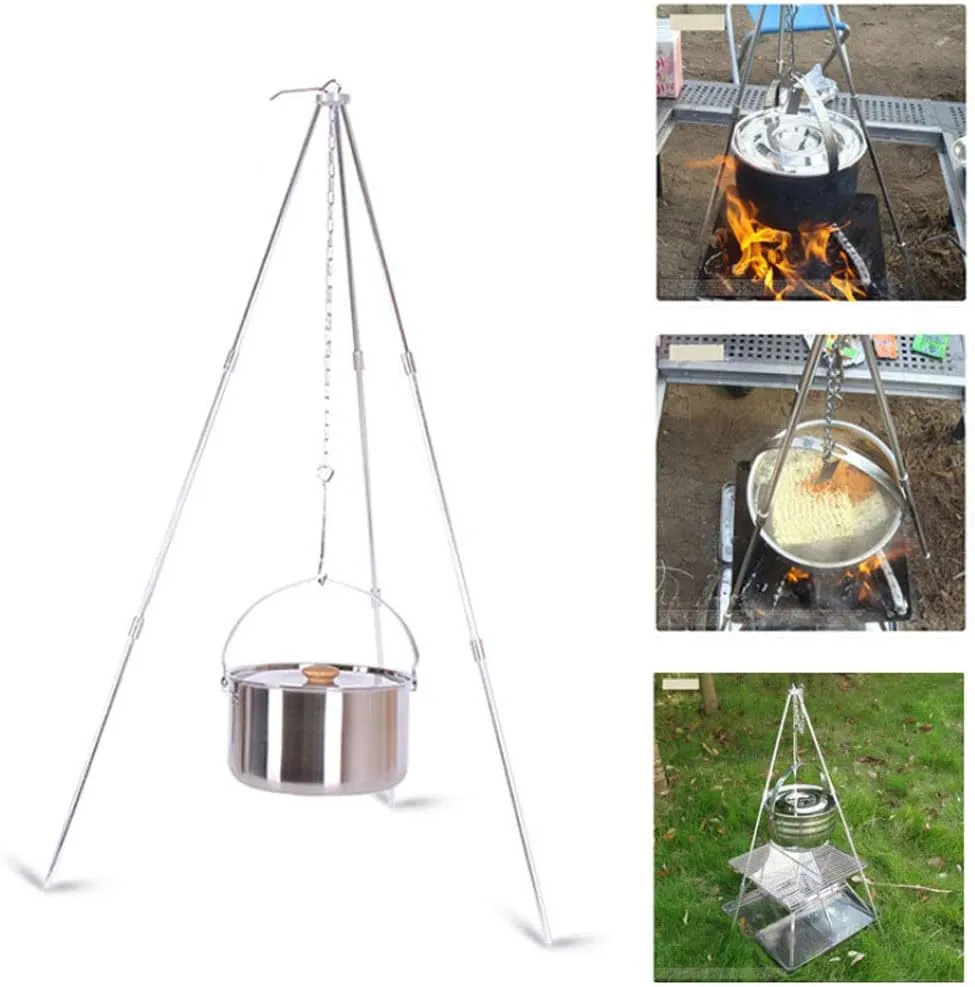 Restokki Camping Tripod for Cooking, Outdoor Portable Foldable Metal Barbecue Tripod Grill for Outdoor Cooking, Cooking Stand Cookware Hanging Rack Outdoor Picnic Camping Bonfire Party Barbecue Set