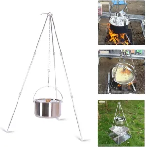 Restokki Camping Tripod for Cooking, Outdoor Portable Foldable Metal Barbecue Tripod Grill for Outdoor Cooking, Cooking Stand Cookware Hanging Rack Outdoor Picnic Camping Bonfire Party Barbecue Set