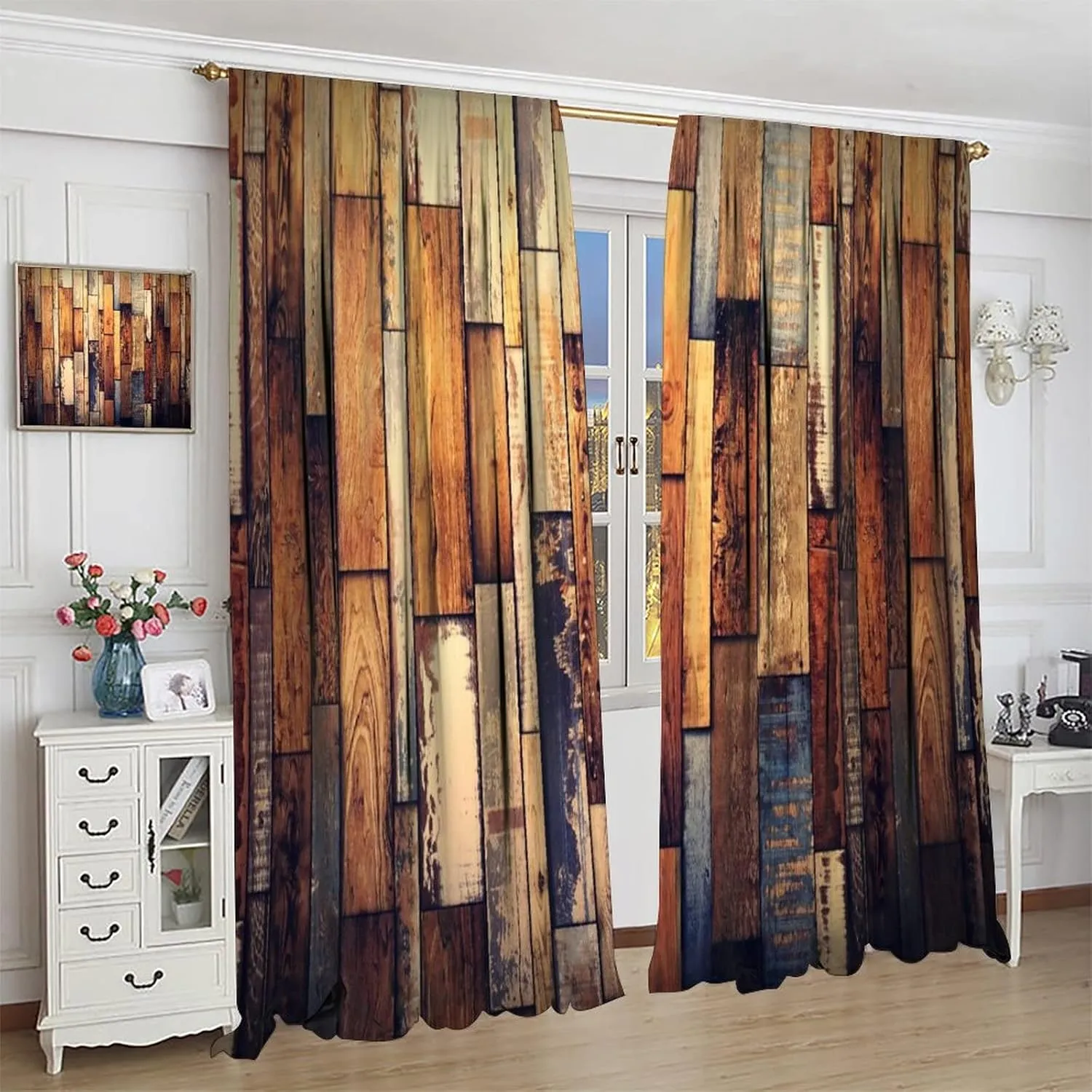 Retro Wooden Blackout Window Curtains,Farmhouse Rustic Brown Old Wooden Plank Fabric Rod Pocket Window Drapes 2 Panel Set for Bedroom Bathroom Kitchen W42xL45in