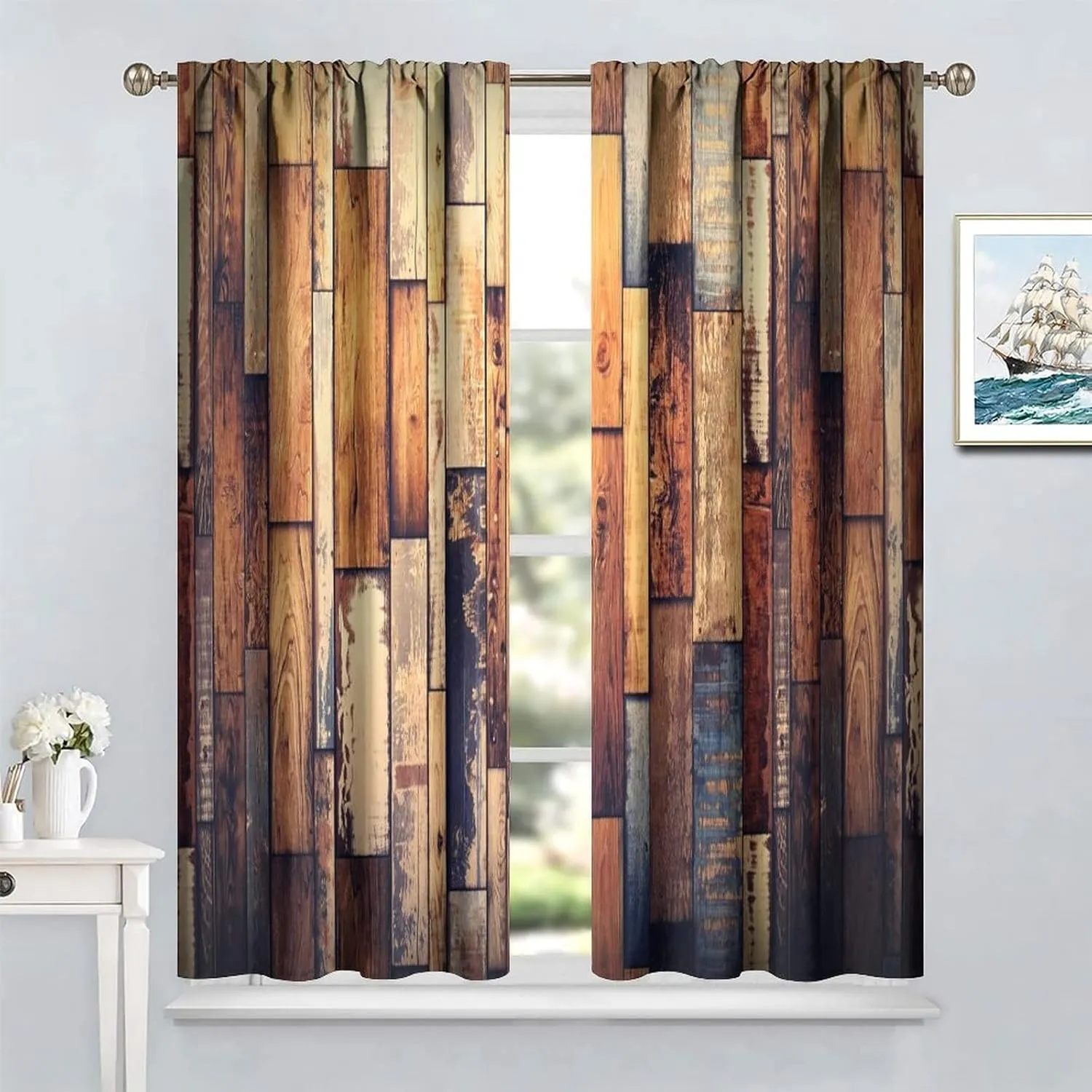 Retro Wooden Blackout Window Curtains,Farmhouse Rustic Brown Old Wooden Plank Fabric Rod Pocket Window Drapes 2 Panel Set for Bedroom Bathroom Kitchen W42xL45in