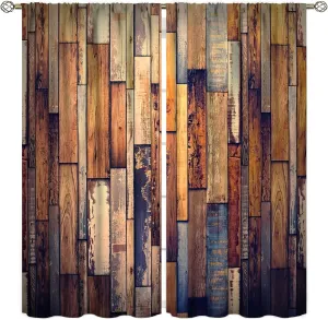 Retro Wooden Blackout Window Curtains,Farmhouse Rustic Brown Old Wooden Plank Fabric Rod Pocket Window Drapes 2 Panel Set for Bedroom Bathroom Kitchen W42xL45in