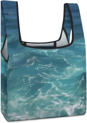 Reusable Shopping Bags,The Blue Sea Print Foldable Grocery Bags,Folding Gift Tote Bags,Travel Recycle Shopping Bags