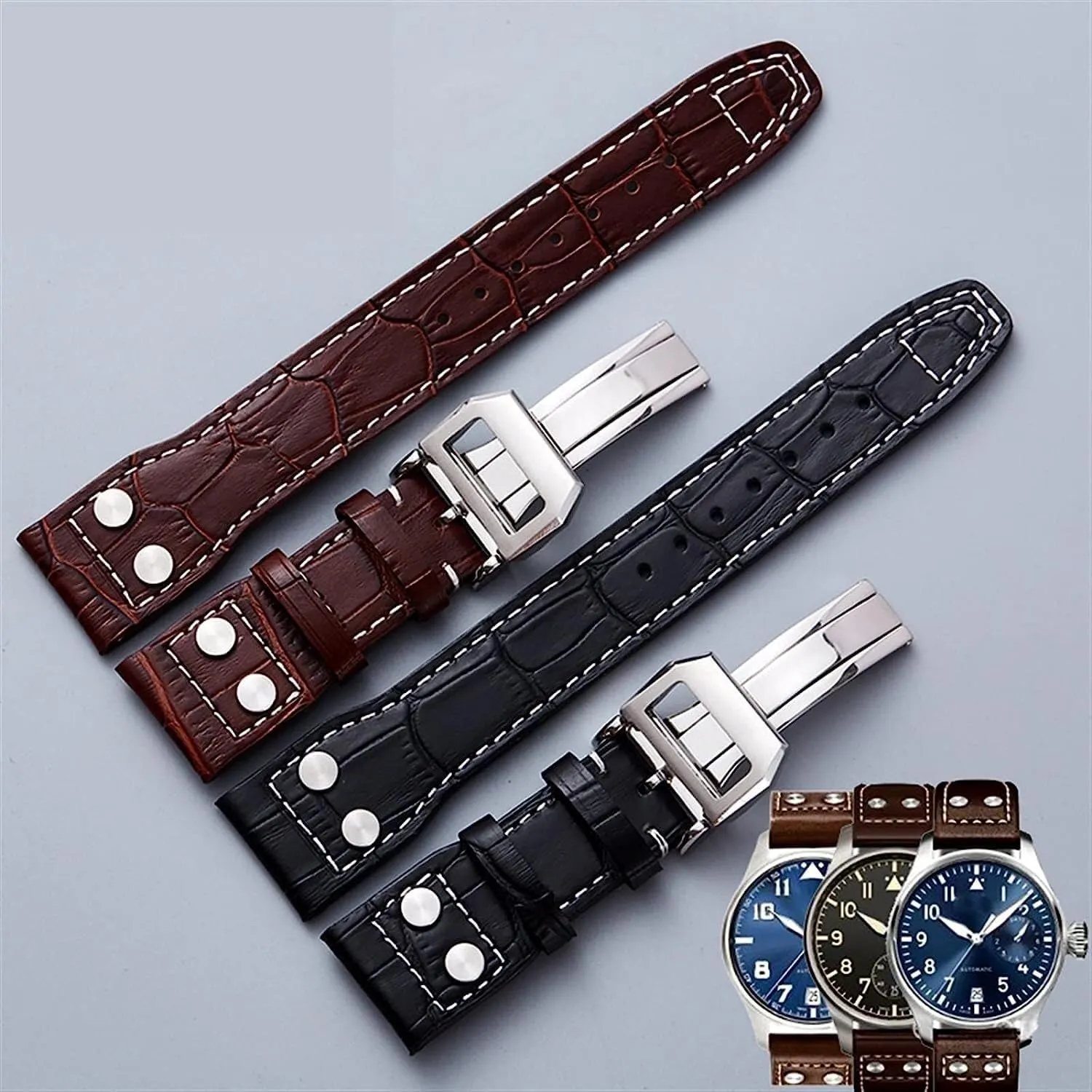 Rivet Cow Leather Wristband For IWC Pilot Mark Series Watch Band Genuine Leather Strap Accessories 22mm