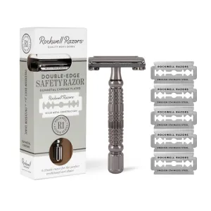 ROCKWELL RAZORS R1 Safety Razor in Gunmetal, Butterfly Open Mechanism with 5 Double Edge Blades