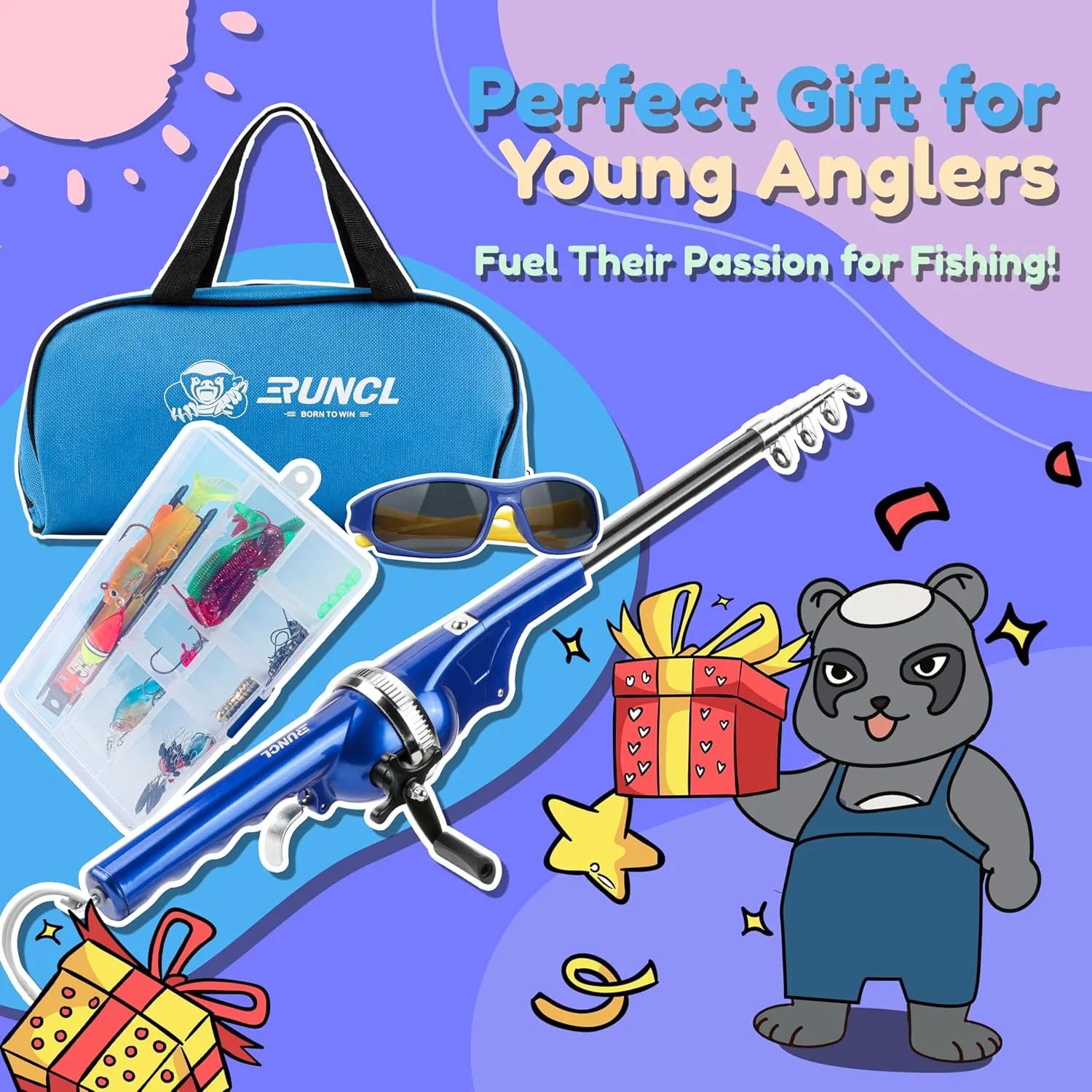 RUNCL Kids Fishing Pole Set- Portable Folding Fishing Rod and Reel Combo Kit with Spincast Fishing Reel, 80m Fishing Line, Tackle Box, Sunglasses, Travel Bag, Gift for Kids