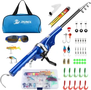 RUNCL Kids Fishing Pole Set- Portable Folding Fishing Rod and Reel Combo Kit with Spincast Fishing Reel, 80m Fishing Line, Tackle Box, Sunglasses, Travel Bag, Gift for Kids