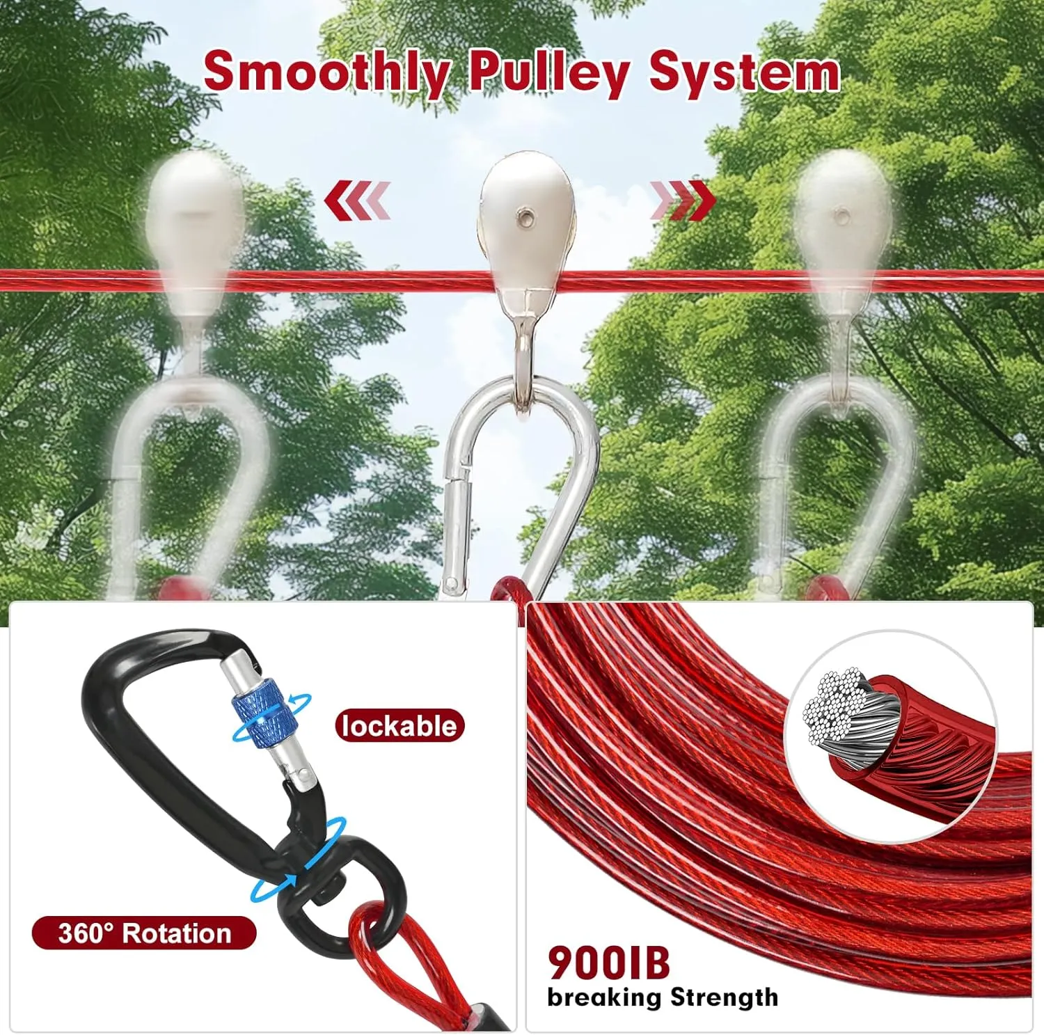 Runner for Yard, Anti-Shock Trolley System 50/75/100/150/200FT, Heavy-Duty Aerial Run Cable With Bungee for Small to Large Dogs up to 300lbs, Outside Zip Line for Backyard, Camping, Park