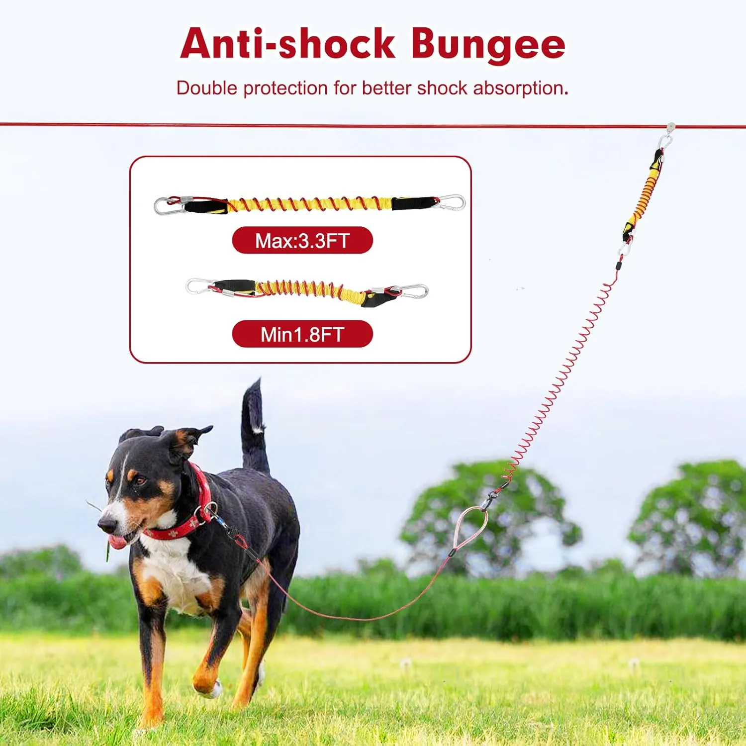 Runner for Yard, Anti-Shock Trolley System 50/75/100/150/200FT, Heavy-Duty Aerial Run Cable With Bungee for Small to Large Dogs up to 300lbs, Outside Zip Line for Backyard, Camping, Park