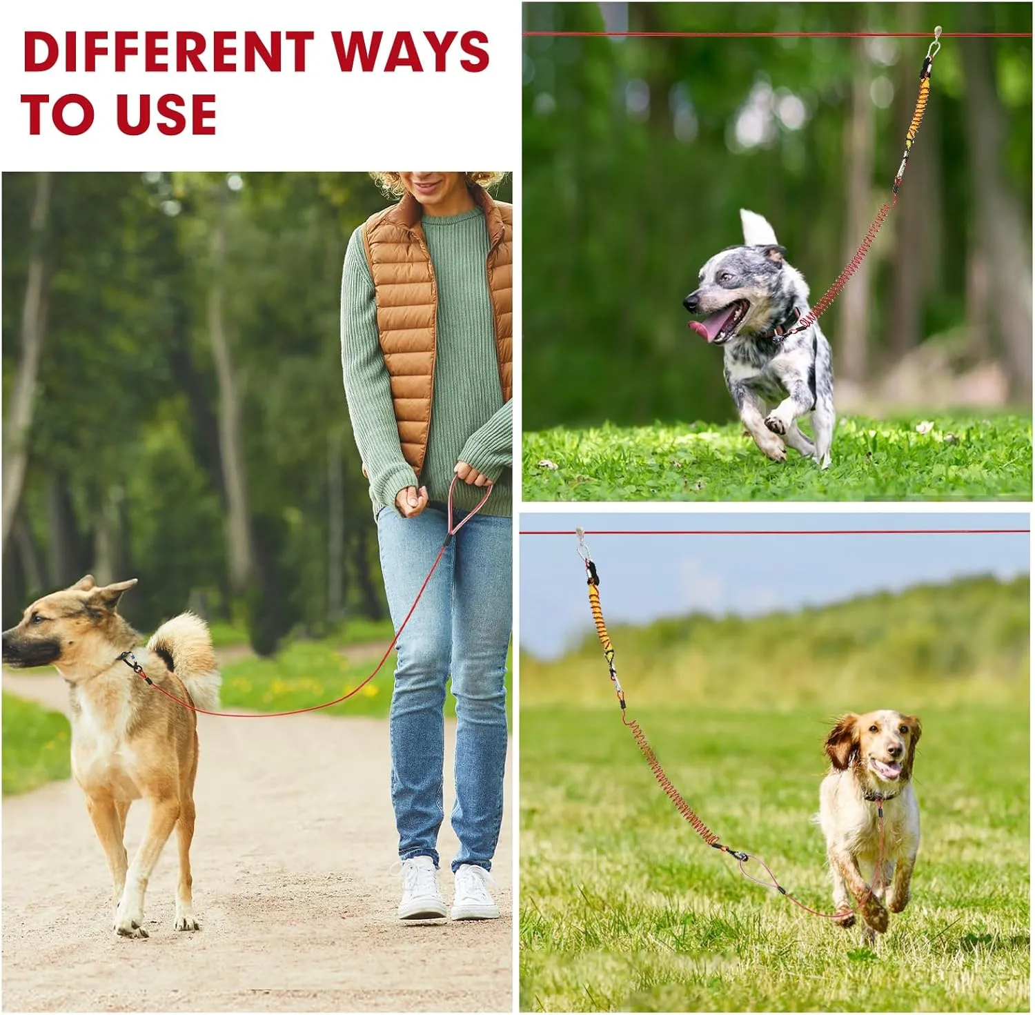 Runner for Yard, Anti-Shock Trolley System 50/75/100/150/200FT, Heavy-Duty Aerial Run Cable With Bungee for Small to Large Dogs up to 300lbs, Outside Zip Line for Backyard, Camping, Park