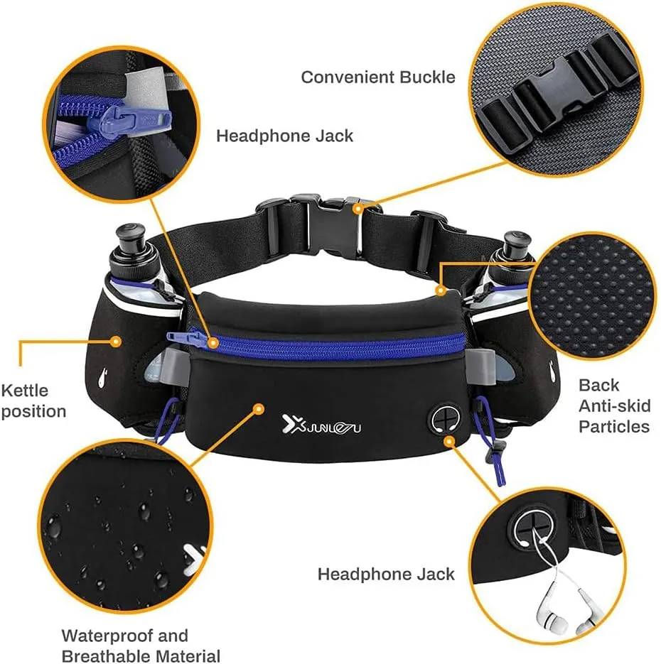 Running Belt with Water Bottles Sports Waist Pouch Hydration Belt Waterproof Waist Pack Bag for Running, Triathlon, Marathon