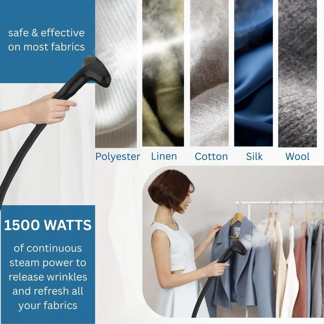 SALAV GS18-DJ Standing Garment Steamer with Roll Wheels for Easy Movement, 1.8L Water Tank for 1 Hour Continuous Steaming, Adjustable Pole for Storage, 1500 watts, Includes Descaler Packet, White