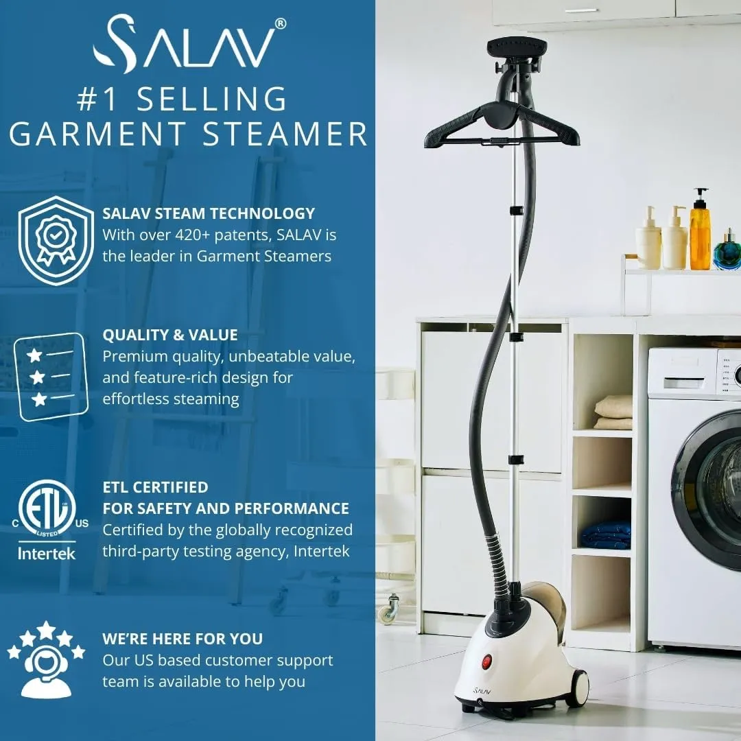 SALAV GS18-DJ Standing Garment Steamer with Roll Wheels for Easy Movement, 1.8L Water Tank for 1 Hour Continuous Steaming, Adjustable Pole for Storage, 1500 watts, Includes Descaler Packet, White