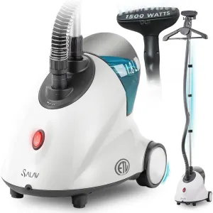 SALAV GS18-DJ Standing Garment Steamer with Roll Wheels for Easy Movement, 1.8L Water Tank for 1 Hour Continuous Steaming, Adjustable Pole for Storage, 1500 watts, Includes Descaler Packet, White