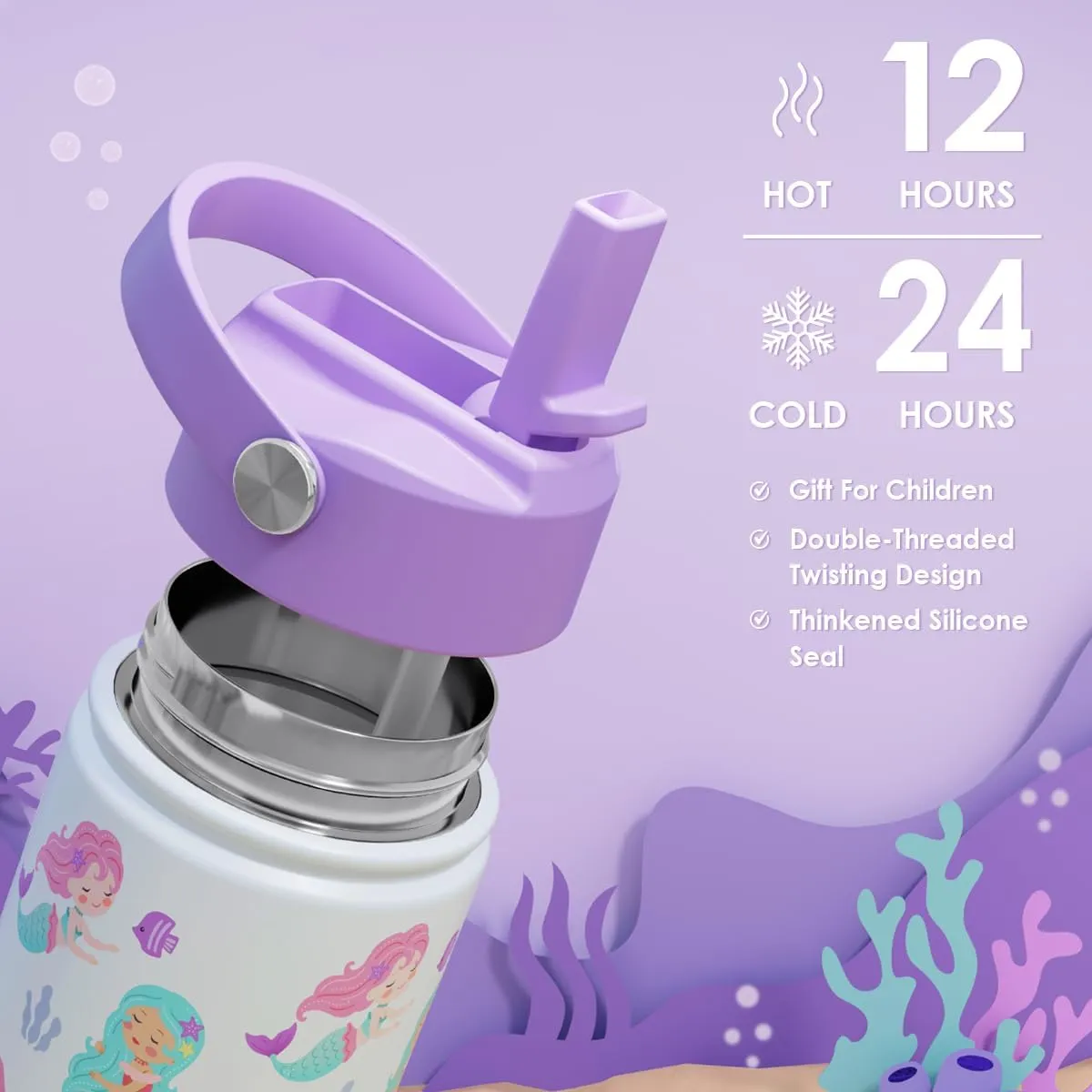 SANDJEST Mermaid Kids Water Bottle With Straw Lid 12oz Insulated Stainless Steel, Travel Tumbler, Gifts For Toddlers Girls, Birthday, Christmas, Back To School