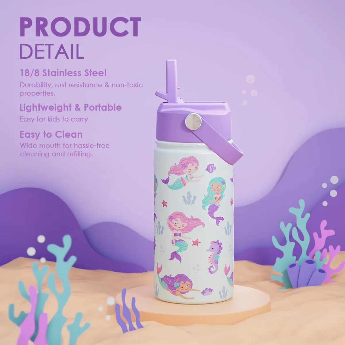 SANDJEST Mermaid Kids Water Bottle With Straw Lid 12oz Insulated Stainless Steel, Travel Tumbler, Gifts For Toddlers Girls, Birthday, Christmas, Back To School