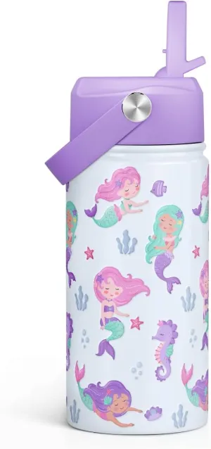 SANDJEST Mermaid Kids Water Bottle With Straw Lid 12oz Insulated Stainless Steel, Travel Tumbler, Gifts For Toddlers Girls, Birthday, Christmas, Back To School