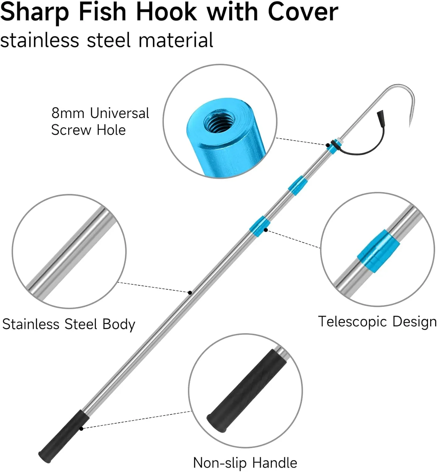 SANLIKE Telescopic Fish Gaff, Stainless Steel Retractable Telescopic Pole with Sea Fishing Hook Tackle for Saltwater Offshore Ice Tool