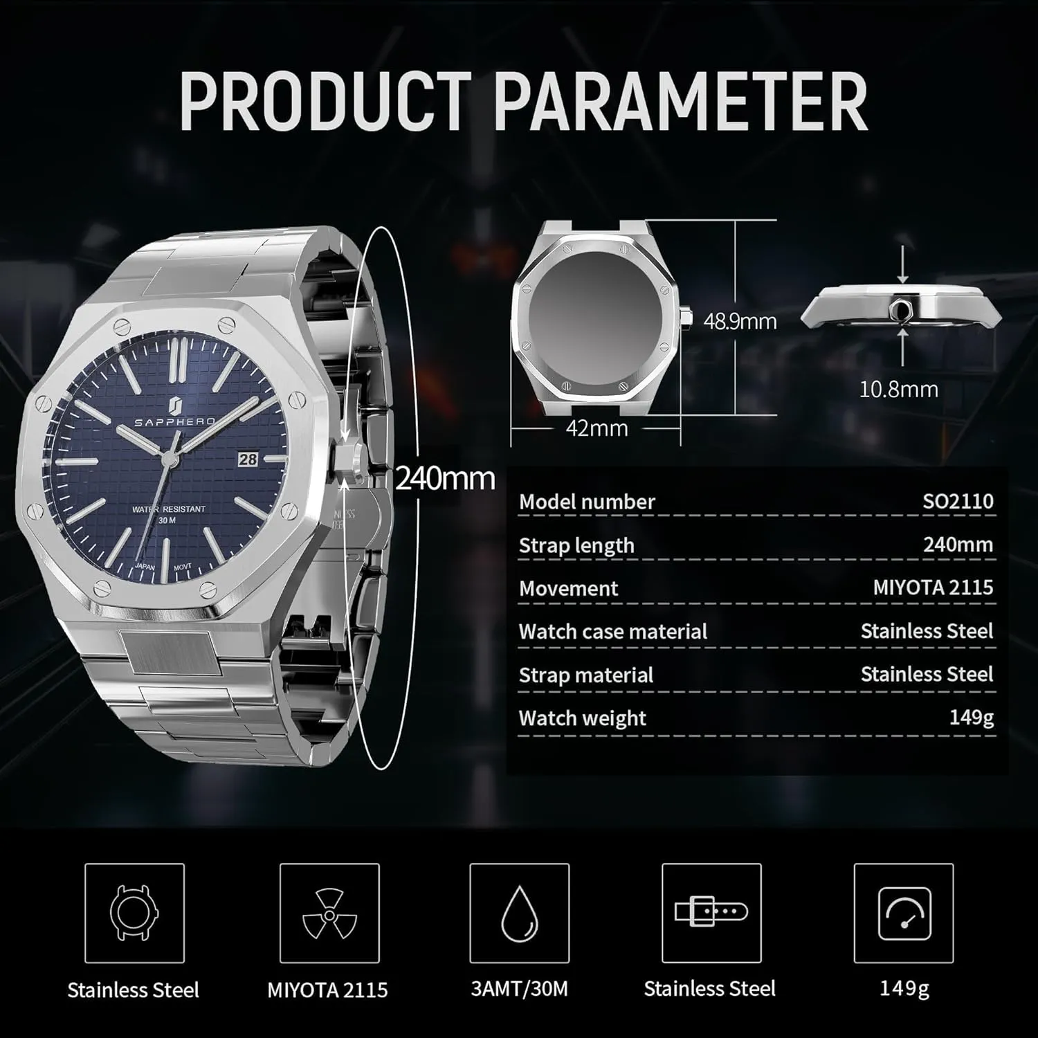 SAPPHERO Watches Men Octagonal 10ATM Waterproof Business Casual Fashion Mens Japanese Quartz Stainless Steel Luminous Wrist Watch Gift for Men