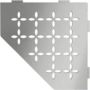 Schluter Pentagonal Corner Shelf for Tiled Walls - Floral Design, Stainless Steel Material, Brushed Stainless Steel Finish, 3/32” Thick Anchoring Tabs - SES2D5EB