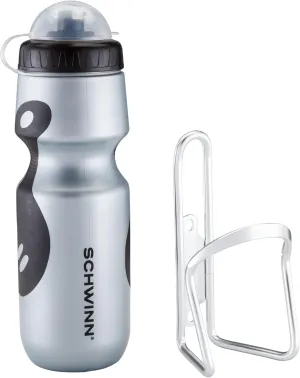 Schwinn Sport Water Bottle and Bottle Holder Combo, Holds 23 Oz or 680 ml, BPA-Free Squeeze Sport Bottle, Easy to Attach Alloy Cage to Most Bicycle, Silver/Black