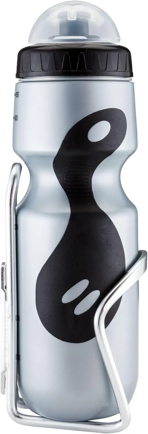 Schwinn Sport Water Bottle and Bottle Holder Combo, Holds 23 Oz or 680 ml, BPA-Free Squeeze Sport Bottle, Easy to Attach Alloy Cage to Most Bicycle, Silver/Black