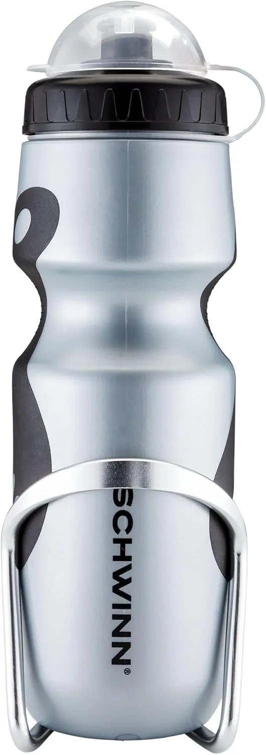 Schwinn Sport Water Bottle and Bottle Holder Combo, Holds 23 Oz or 680 ml, BPA-Free Squeeze Sport Bottle, Easy to Attach Alloy Cage to Most Bicycle, Silver/Black