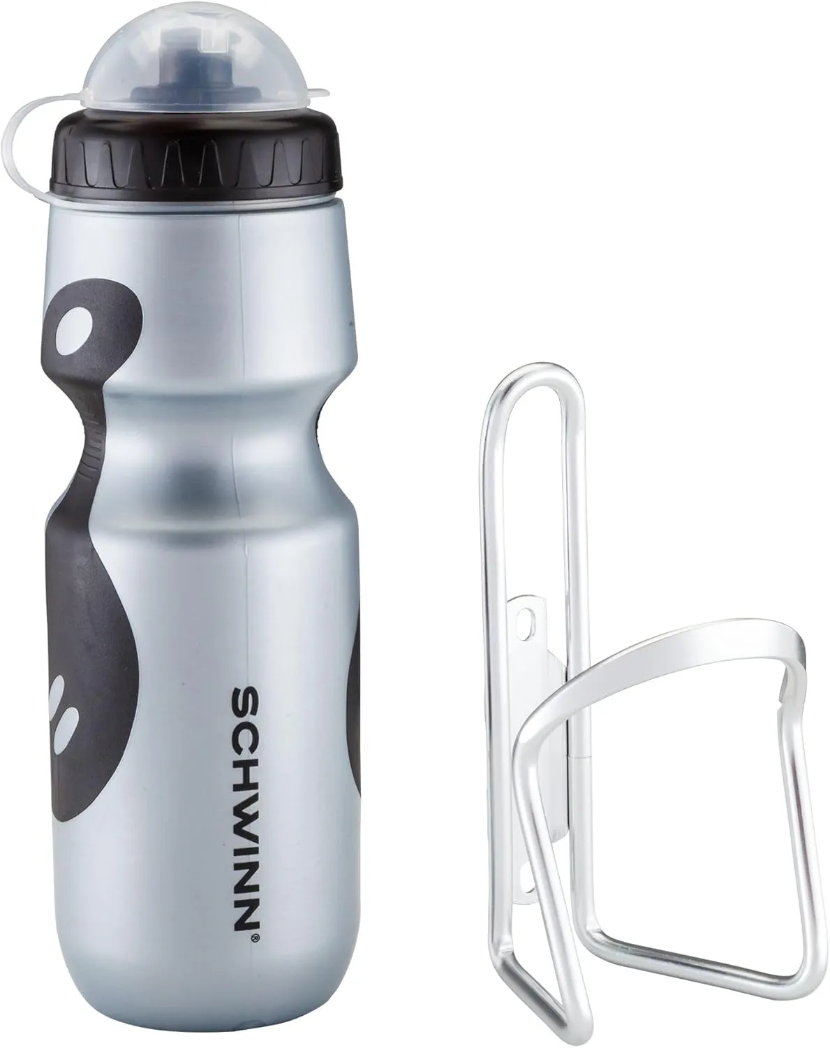 Schwinn Sport Water Bottle and Bottle Holder Combo, Holds 23 Oz or 680 ml, BPA-Free Squeeze Sport Bottle, Easy to Attach Alloy Cage to Most Bicycle, Silver/Black