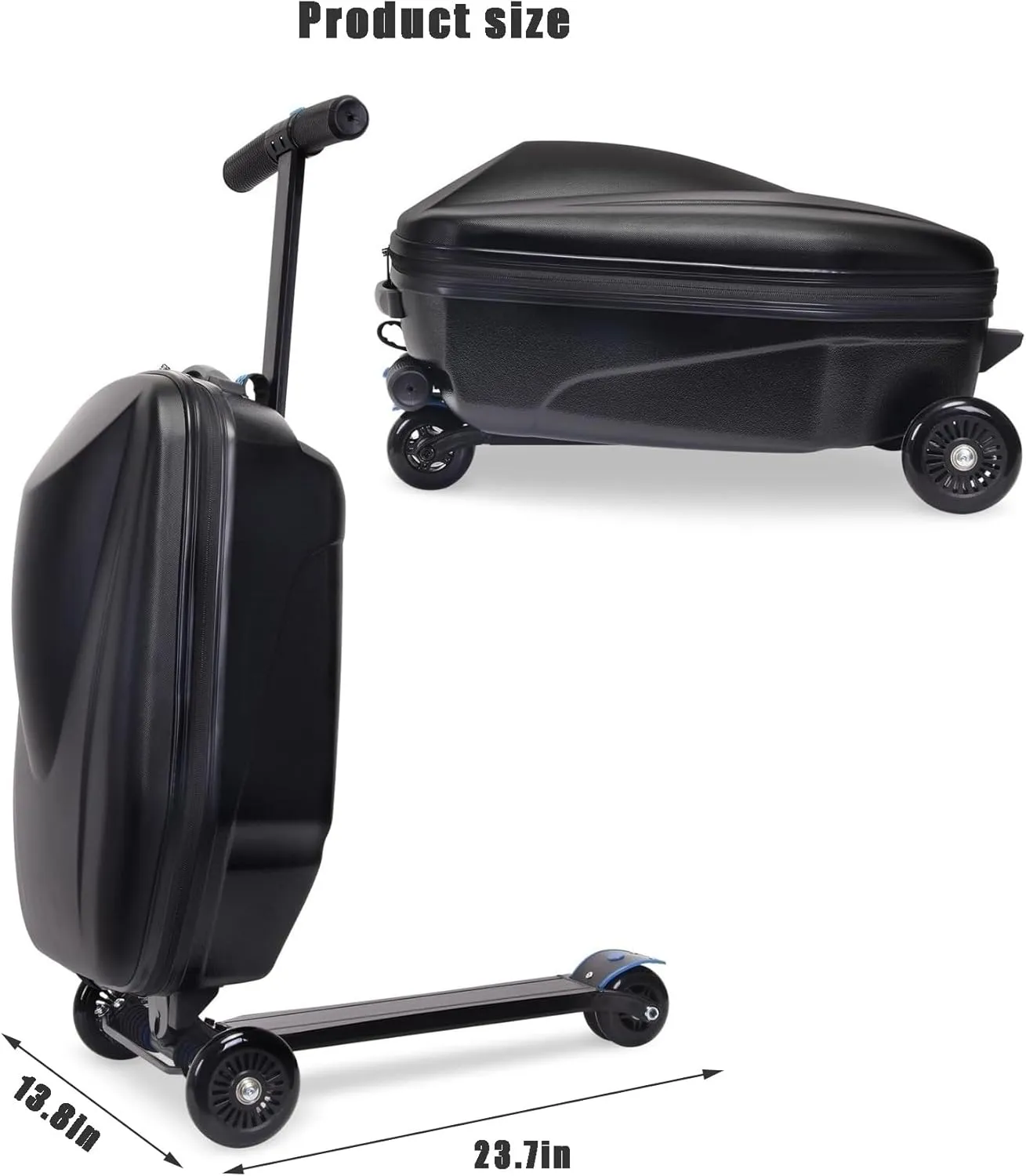 Scooter Suitcase Carry On Hardshell Ride On Suitcase Scooter for Kids Age 4-15, Multifunctional Ride On Lightweight Kids Luggage with Wheels(Size:Black)