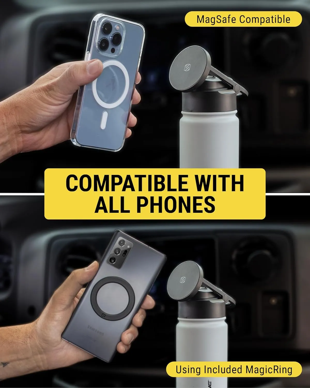 Scosche MFMS22 MagicMount Flask 22 oz Stainless Steel Water Bottle with MagSafe Phone Mount Stand, 12H Hot & 24H Cold Insulated Flask with Magnetic Phone Holder for Gym, Car, Travel, Sports 22oz Black