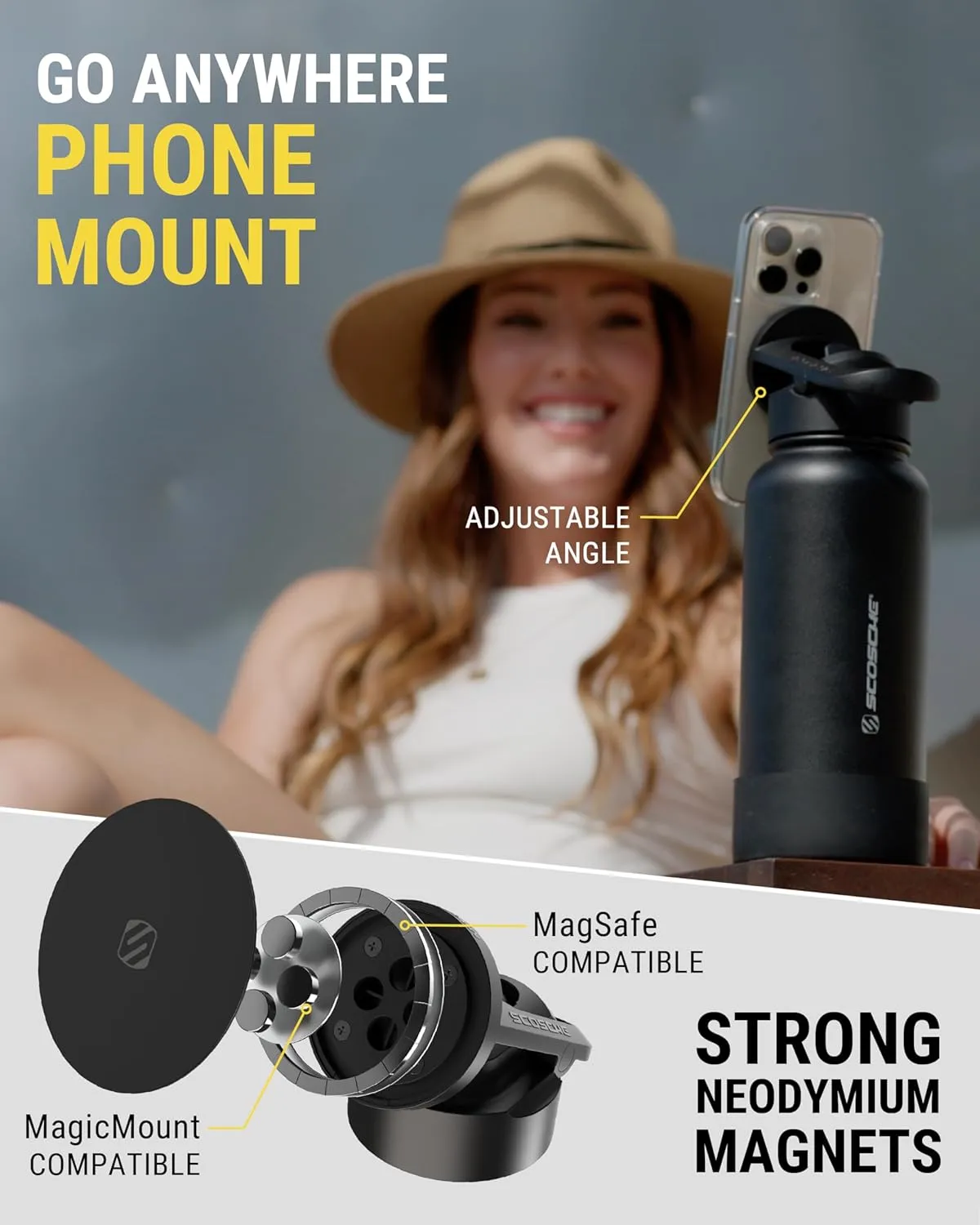 Scosche MFMS22 MagicMount Flask 22 oz Stainless Steel Water Bottle with MagSafe Phone Mount Stand, 12H Hot & 24H Cold Insulated Flask with Magnetic Phone Holder for Gym, Car, Travel, Sports 22oz Black