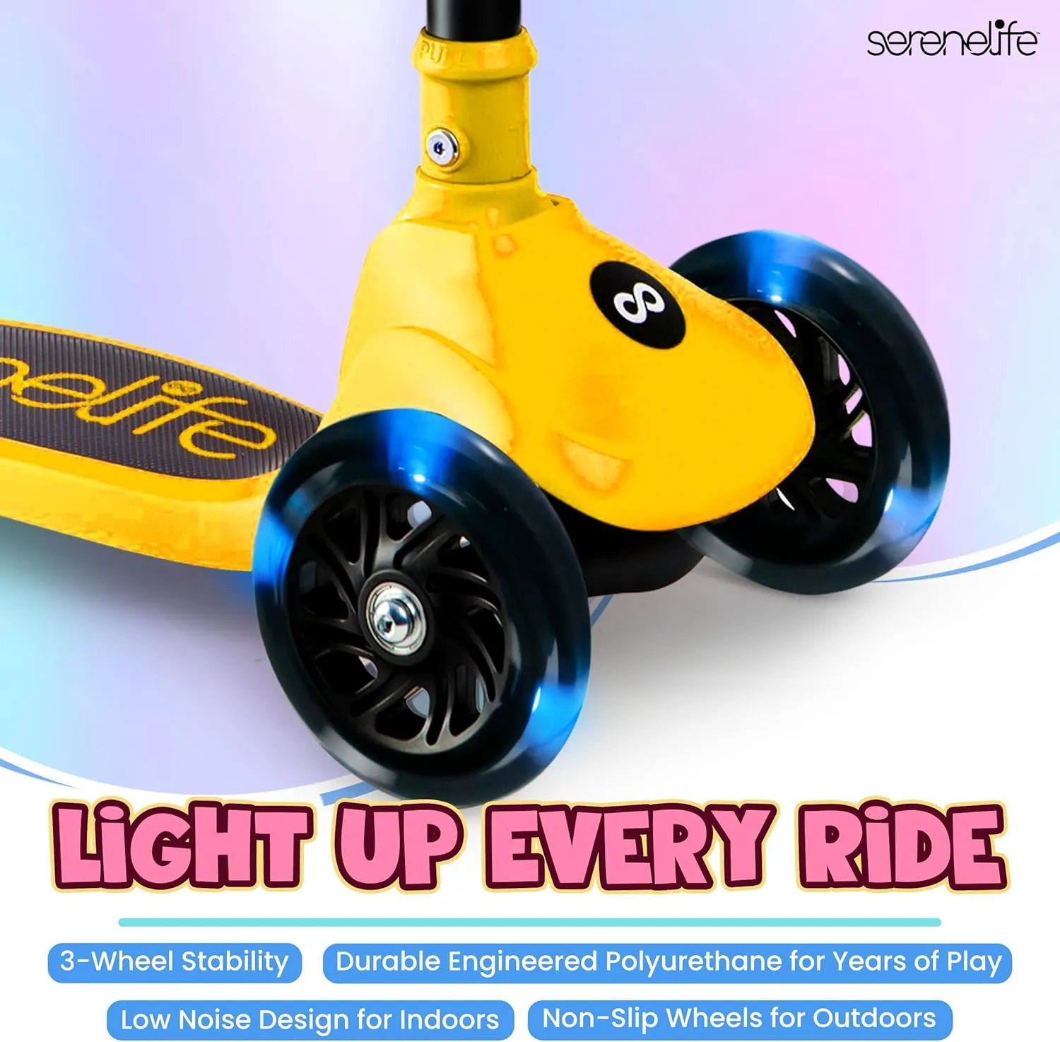 SereneLife 3 Wheel Foldable Kids Scooter - Foldable Seat, LED Wheel Lights, Adjustable Handlebar, Rear Foot Brake, Lean-to-Steer, Anti-Slip Deck, Ideal for Toddlers Kids 3 , up to 110Lbs