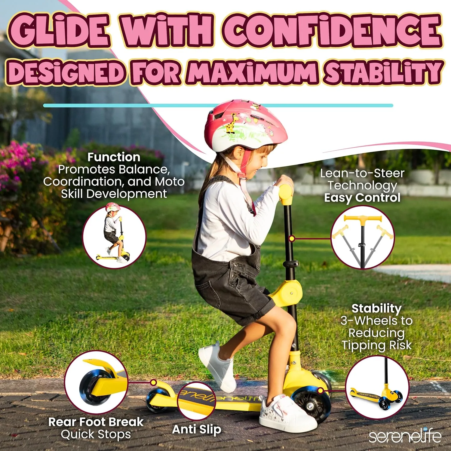 SereneLife 3 Wheel Foldable Kids Scooter - Foldable Seat, LED Wheel Lights, Adjustable Handlebar, Rear Foot Brake, Lean-to-Steer, Anti-Slip Deck, Ideal for Toddlers Kids 3 , up to 110Lbs