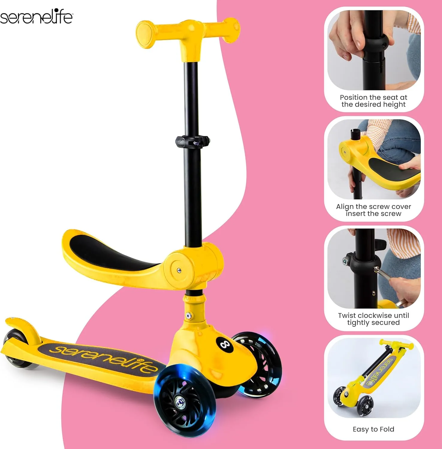 SereneLife 3 Wheel Foldable Kids Scooter - Foldable Seat, LED Wheel Lights, Adjustable Handlebar, Rear Foot Brake, Lean-to-Steer, Anti-Slip Deck, Ideal for Toddlers Kids 3 , up to 110Lbs