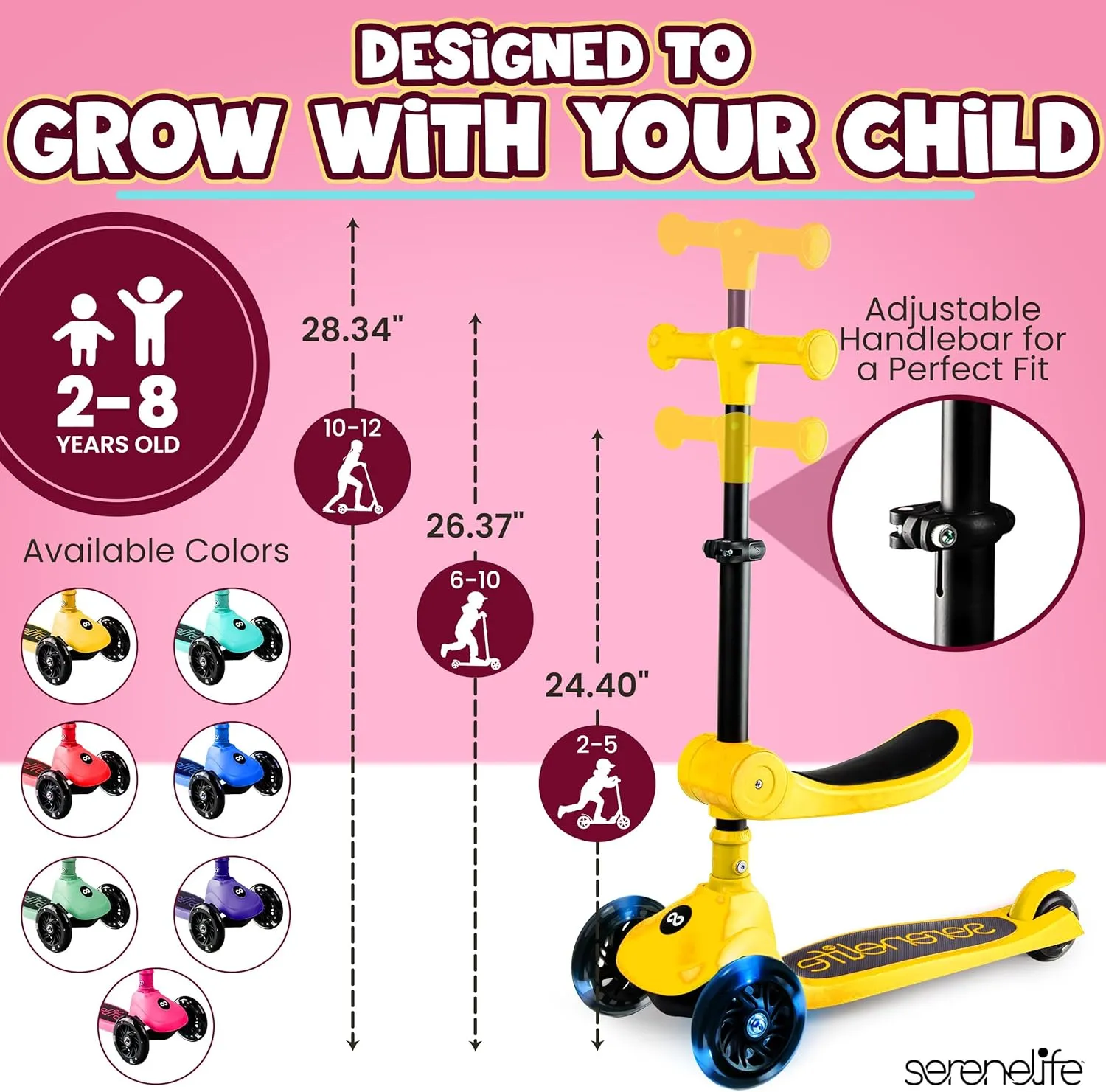 SereneLife 3 Wheel Foldable Kids Scooter - Foldable Seat, LED Wheel Lights, Adjustable Handlebar, Rear Foot Brake, Lean-to-Steer, Anti-Slip Deck, Ideal for Toddlers Kids 3 , up to 110Lbs