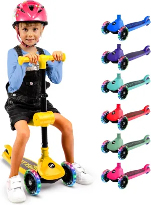 SereneLife 3 Wheel Foldable Kids Scooter - Foldable Seat, LED Wheel Lights, Adjustable Handlebar, Rear Foot Brake, Lean-to-Steer, Anti-Slip Deck, Ideal for Toddlers Kids 3 , up to 110Lbs