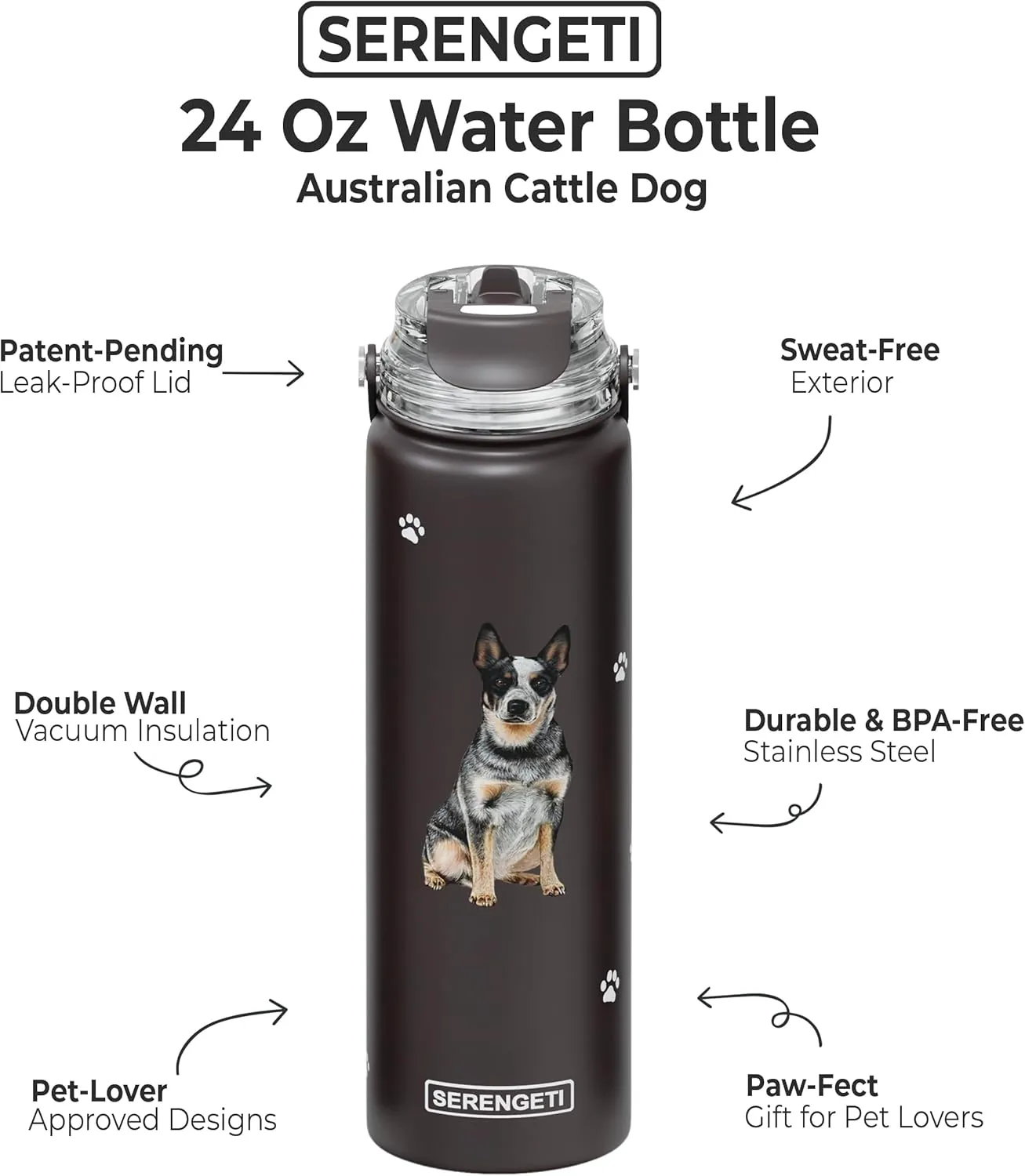 SERENGETI 24 Oz Water Bottle Stainless Steel with Spill Proof Lid - Double walled Vacuum Insulated water flask - Realistic 3D Print of your favorite dog (Australian Cattle Dog)