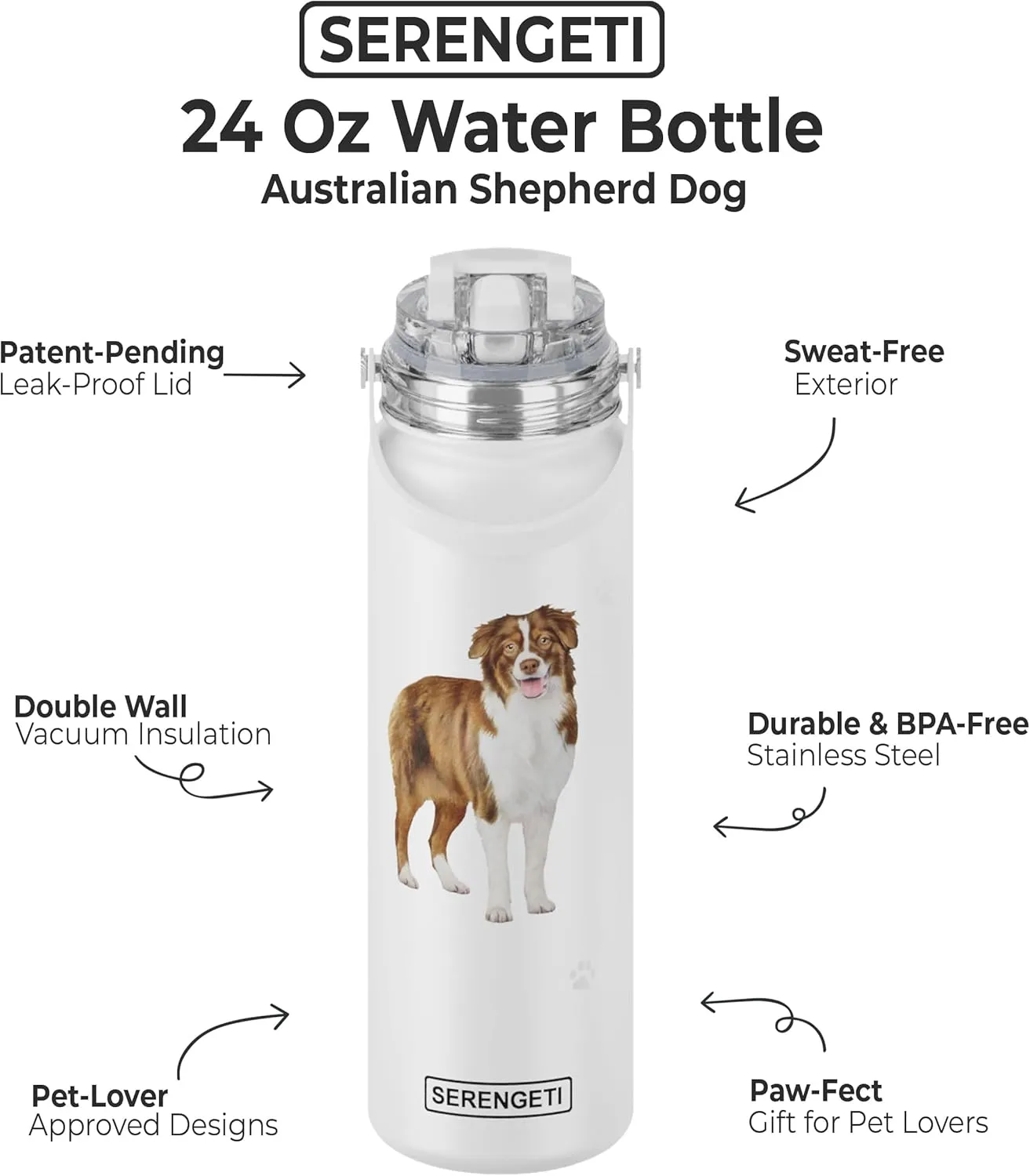 SERENGETI 24 Oz Water Bottle Stainless Steel with Spill Proof Lid - Double walled Vacuum Insulated water flask - Realistic 3D Print of your favorite dog (Australian Shepherd)