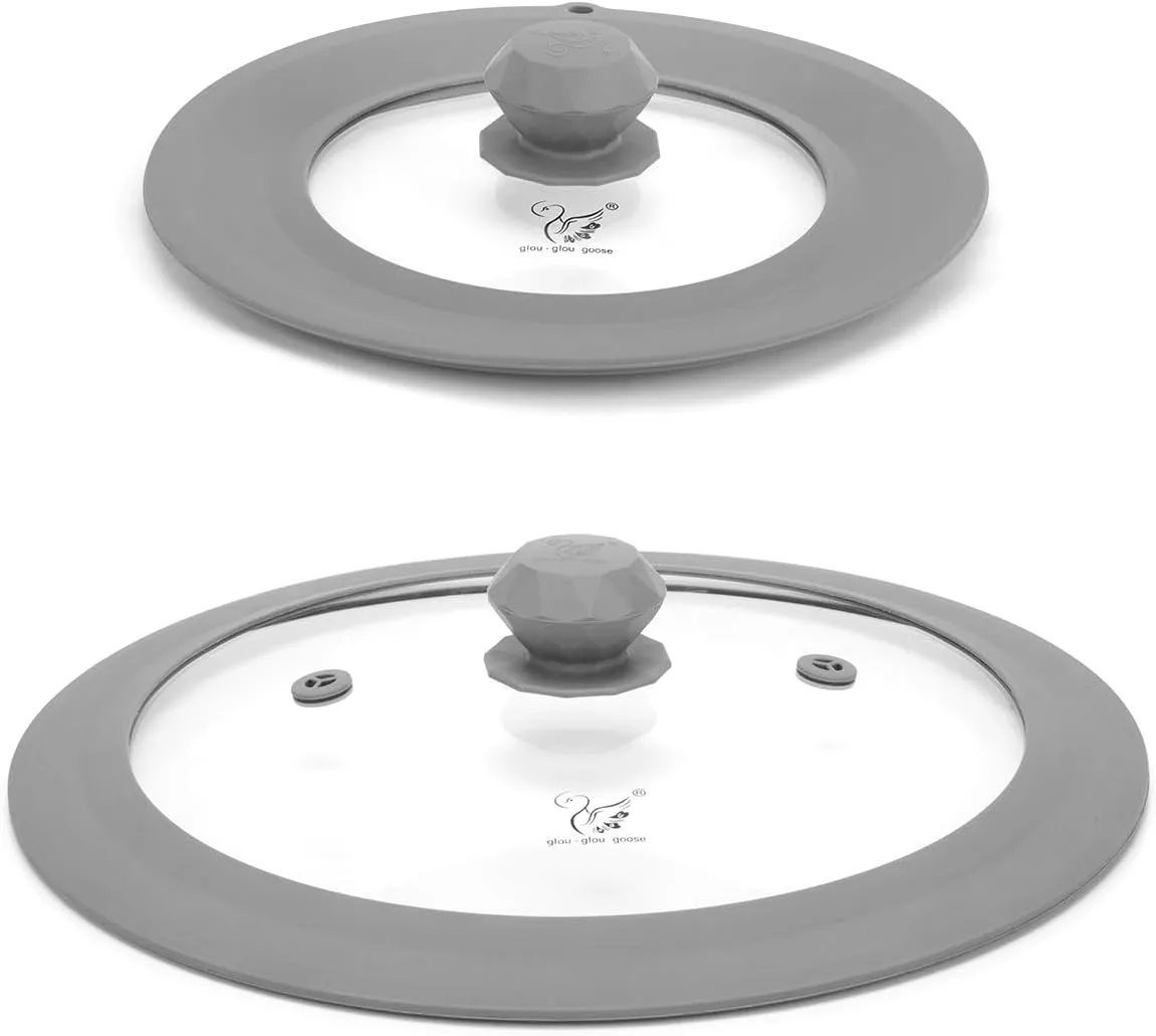 Set of 2 Vented Tempered Glass Universal Lid for Pot Pan Skillet with Heat Resistant Silicone Microwave Splatter Cover Microwave Safe Fit 6.5" 7" 7.5" and 11.5" 12" 12.5", Light Grey