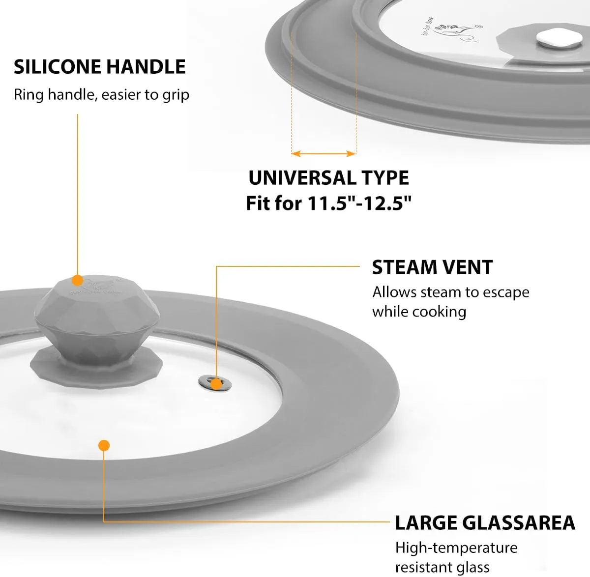 Set of 2 Vented Tempered Glass Universal Lid for Pot Pan Skillet with Heat Resistant Silicone Microwave Splatter Cover Microwave Safe Fit 6.5" 7" 7.5" and 11.5" 12" 12.5", Light Grey