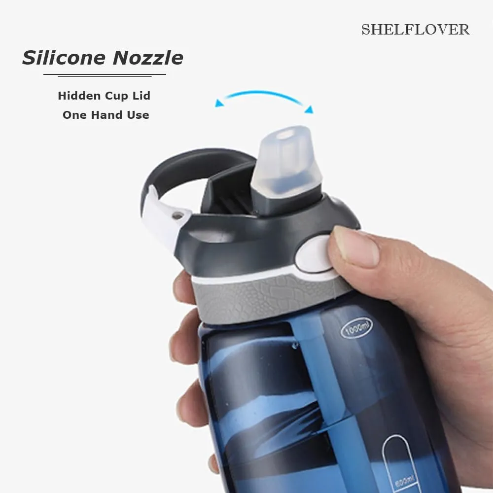 SHELFLOVER Blue Water Bottle With Narrow Straw, BPA FREE Clear Bottles With Handle One Hand Use Easy Carried, Flip Up, Suit School, Office, Gym, Office For Men, 32oz (1000ml)