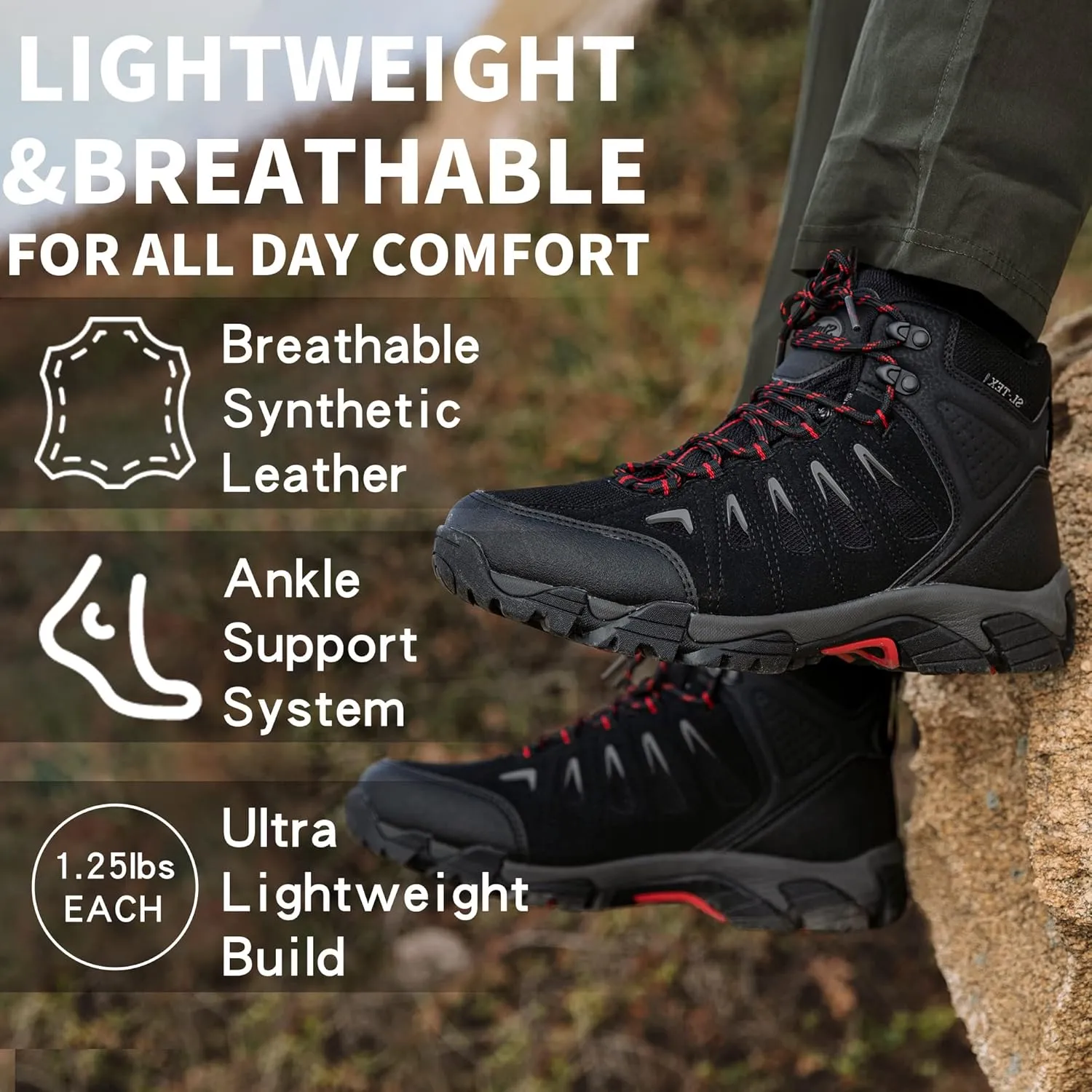 SHULOOK Men's Waterproof Hiking Boots Non-Slip Lightweight Outdoor Mid Top Ankle Boot Breathable Hiker Trekking Shoes