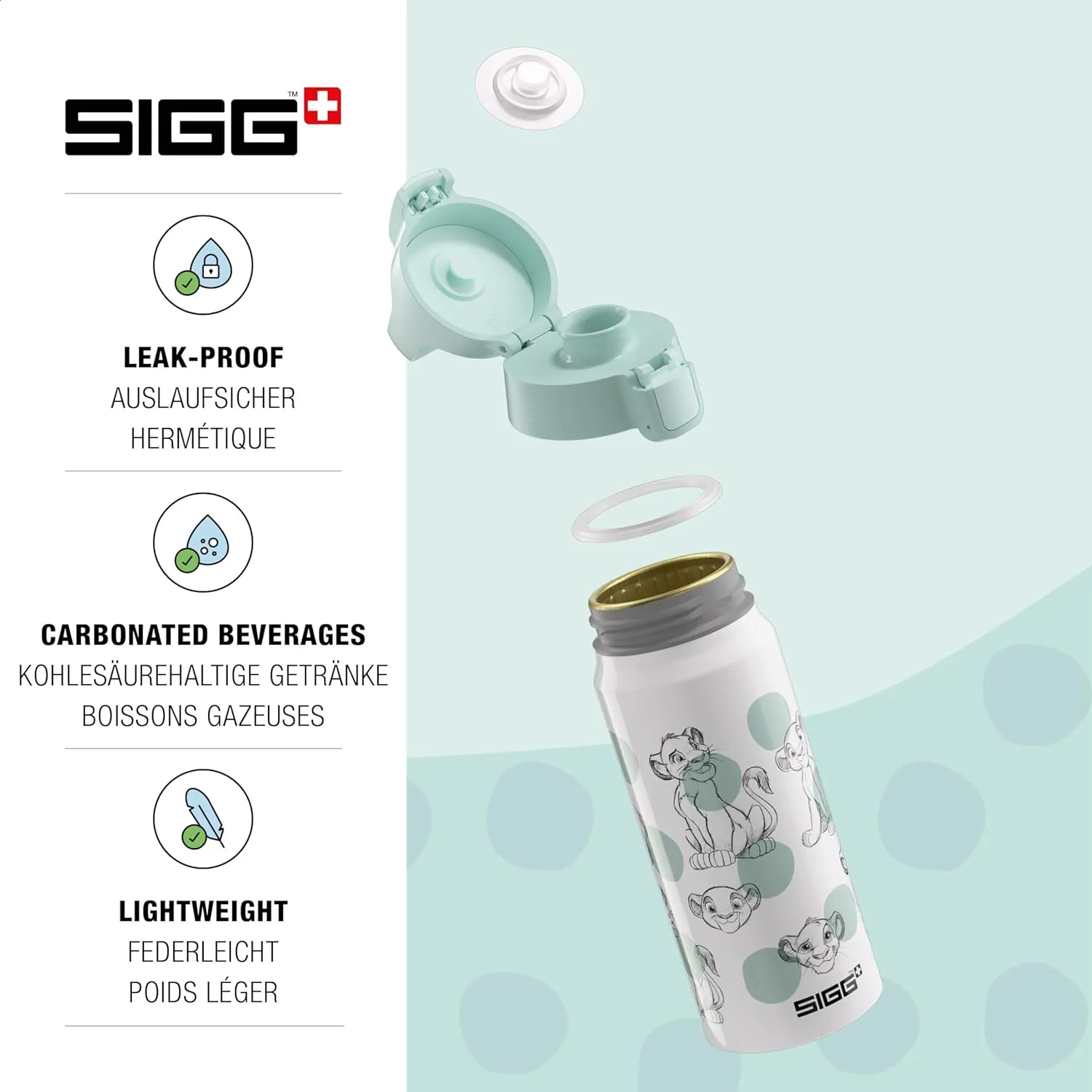 SIGG - Aluminium Water Bottle for Children - WMB ONE Simba & Nala - Lion King - Carbonated - Leak-Proof - Feather-Light - BPA-Free - Climate Neutral Certified - Sports & School - White - 0.6 L