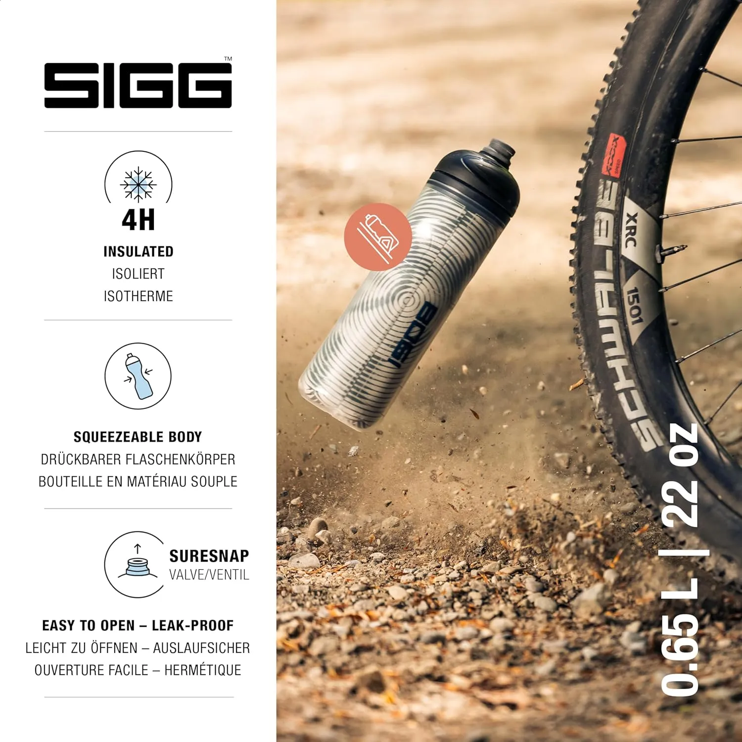 SIGG - Soft Bike Water Bottle - Pulsar Therm Snow - Insulated - Squeezable - Dishwasher Safe - Lightweight - Leakproof - BPA Free - Sports Bottle with SureSnap® Valve - Gray - 22 Oz