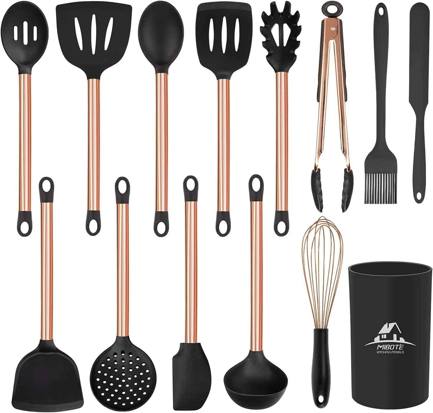 Silicone Cooking Utensil Set,14 Pcs Kitchen Utensils Set with Holder Non-stick Heat Resistant Cookware Cooking Turner Tongs Spatula Spoon with Stainless Steel Handle (Gold Black) BPA Free, Non Toxi